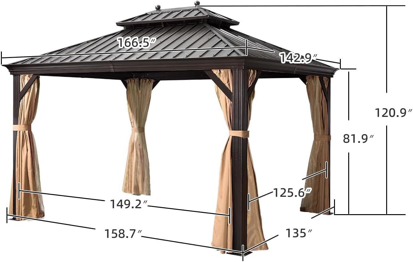 Outdoor Hardtop Gazebo 12' X 14' Bronze Metal 4.7" Wide Frame
