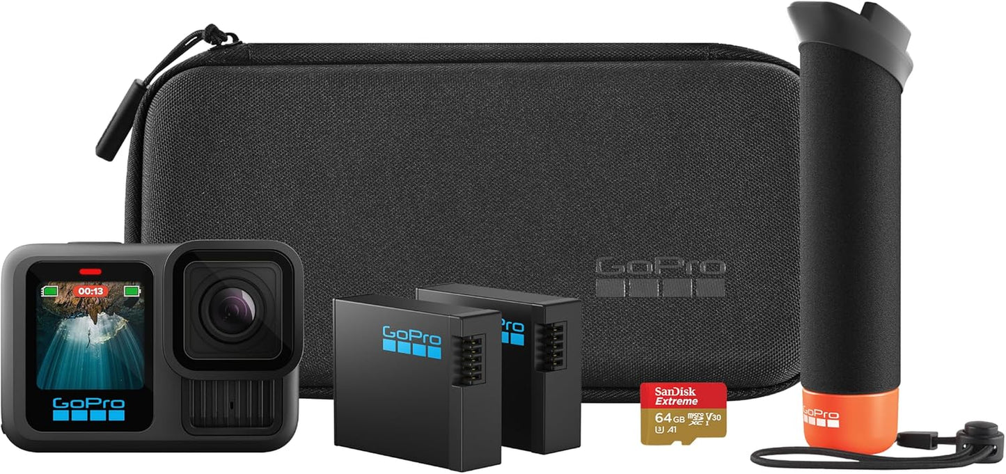 Gopro HERO13 Black Accessory Bundle - Includes the Handler, 2 Enduro Batteries, 2 Curved Adhesive Mounts, 64GB Sandisk Microsd Card, and Carrying Case