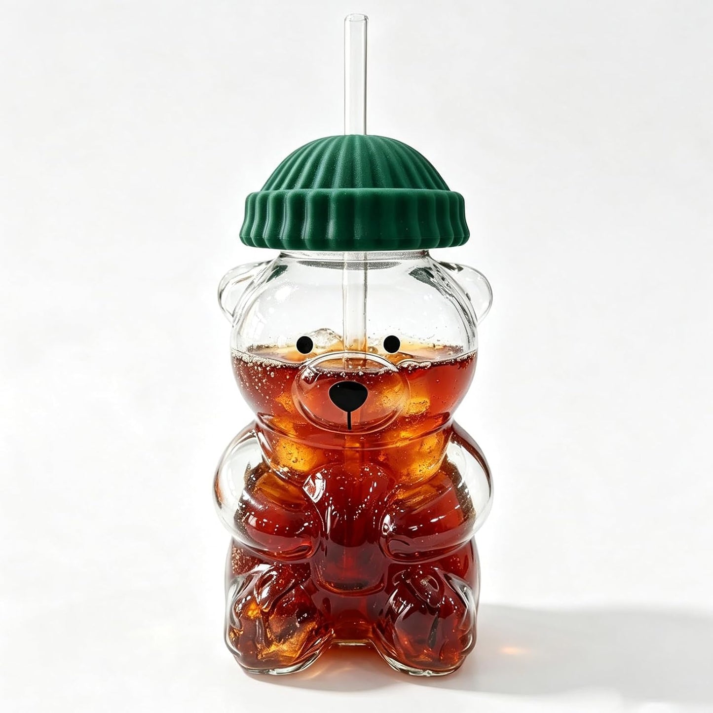 Cute Bear Glass Cup with Straw & Lid, 20Oz Glass Water Bottle for Cold/Hot Drinks, Cute Bear Pattern Mug, Christmas Day Birthday Gift (Green)