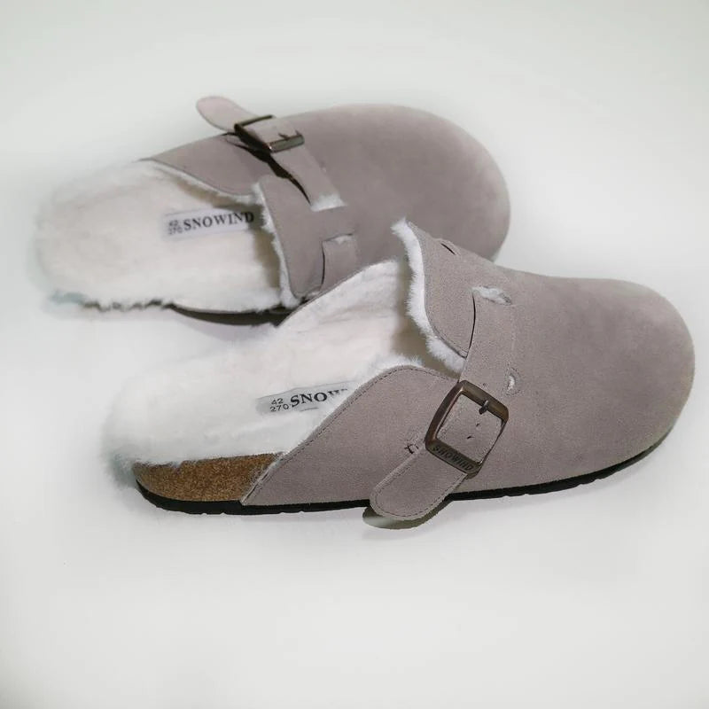 Snowind Women Men round Toe Cork Footbed Clogs with Adjustable Flat Buckle, Suede Texture, and Casual Outdoor Slip-On Design