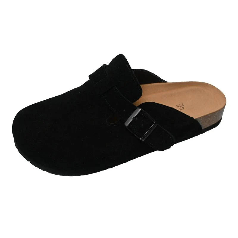Snowind Women Men round Toe Cork Footbed Clogs with Adjustable Flat Buckle, Suede Texture, and Casual Outdoor Slip-On Design