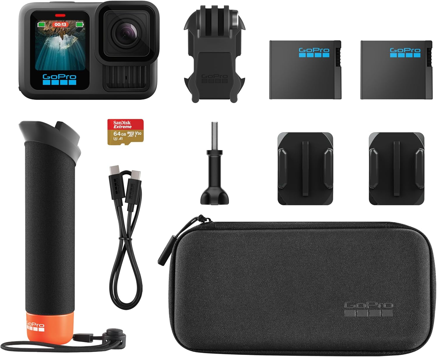 Gopro HERO13 Black Accessory Bundle - Includes the Handler, 2 Enduro Batteries, 2 Curved Adhesive Mounts, 64GB Sandisk Microsd Card, and Carrying Case