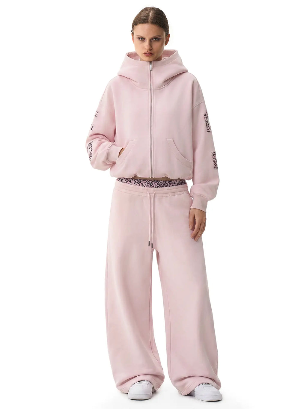 FDR Applique Letter Stand Collar Zip up Jacket & Leopard Panel Faux Two Piece Barrel Sweatpants Set Oversized Y2K Streetwear Unisex#Tiktokshopbacktoschool