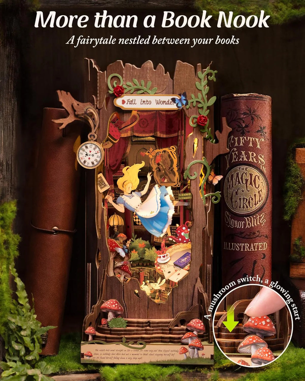 Book Nook Kit, Fairy Tale Princess DIY Miniature House Kit, Fall into Wonder 3D Wooden Puzzle Bookends, Tiny House Bookshelf Decor Creative Decorative Unique Gifts for Adults & Teens