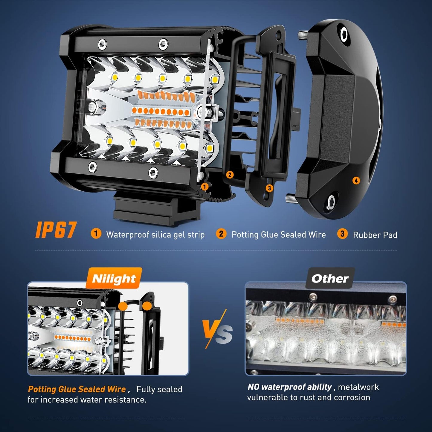 4Inch Amber White Strobe 6 Modes 60W LED Pod Light