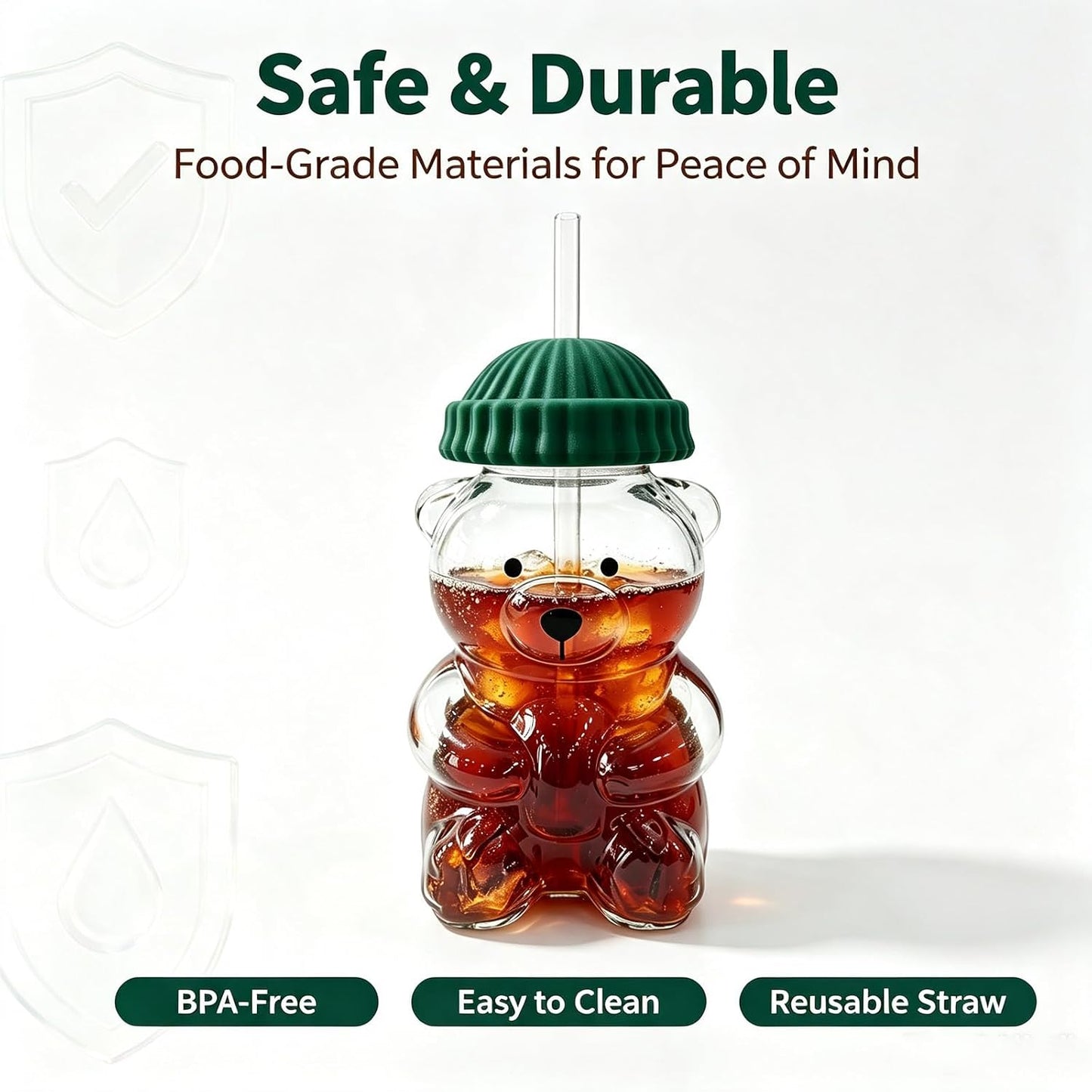 Cute Bear Glass Cup with Straw & Lid, 20Oz Glass Water Bottle for Cold/Hot Drinks, Cute Bear Pattern Mug, Christmas Day Birthday Gift (Green)