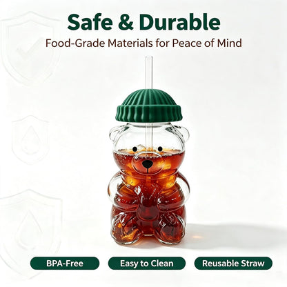 Cute Bear Glass Cup with Straw & Lid, 20Oz Glass Water Bottle for Cold/Hot Drinks, Cute Bear Pattern Mug, Christmas Day Birthday Gift (Green)