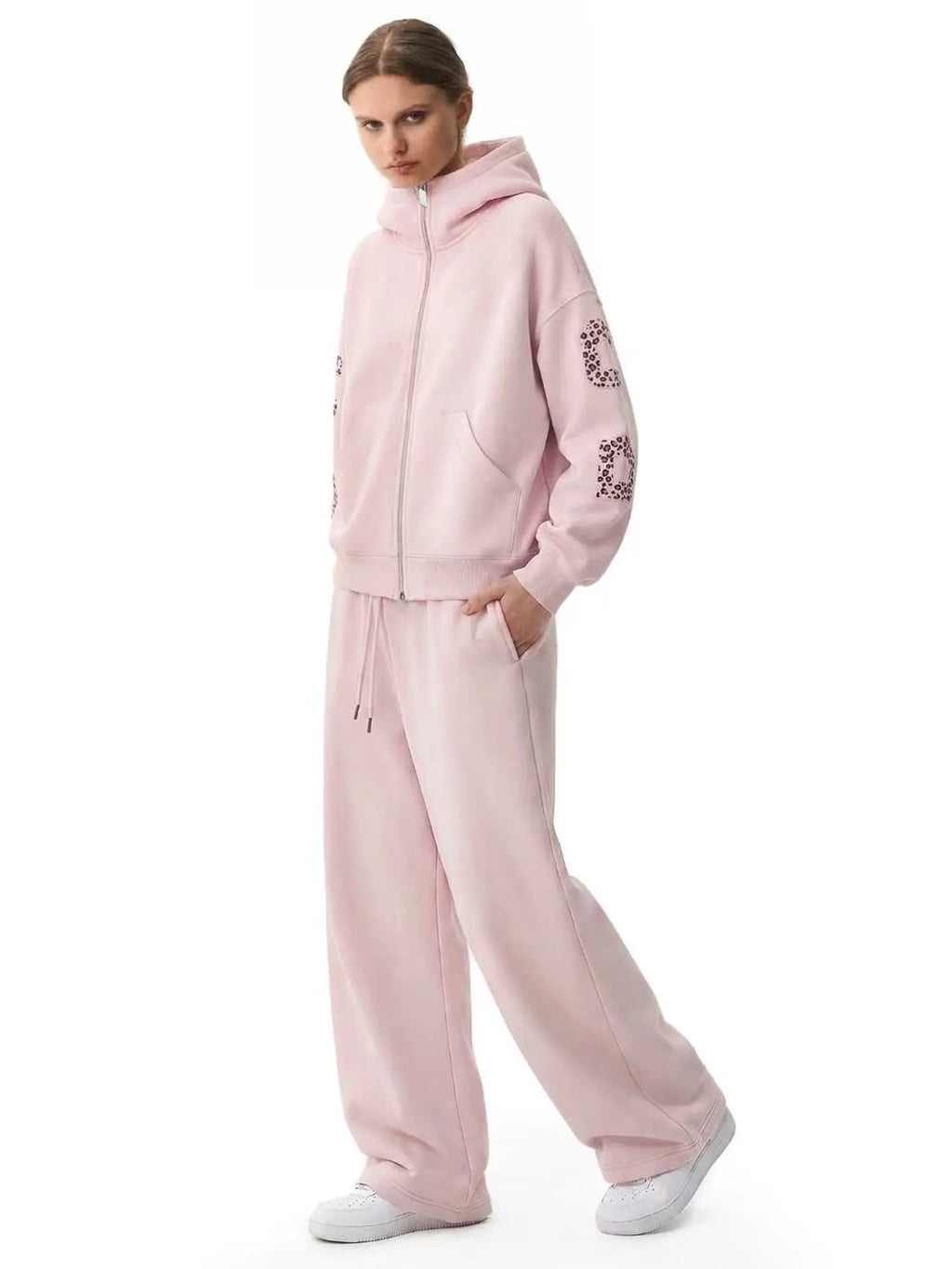 FDR Applique Letter Stand Collar Zip up Jacket & Leopard Panel Faux Two Piece Barrel Sweatpants Set Oversized Y2K Streetwear Unisex#Tiktokshopbacktoschool