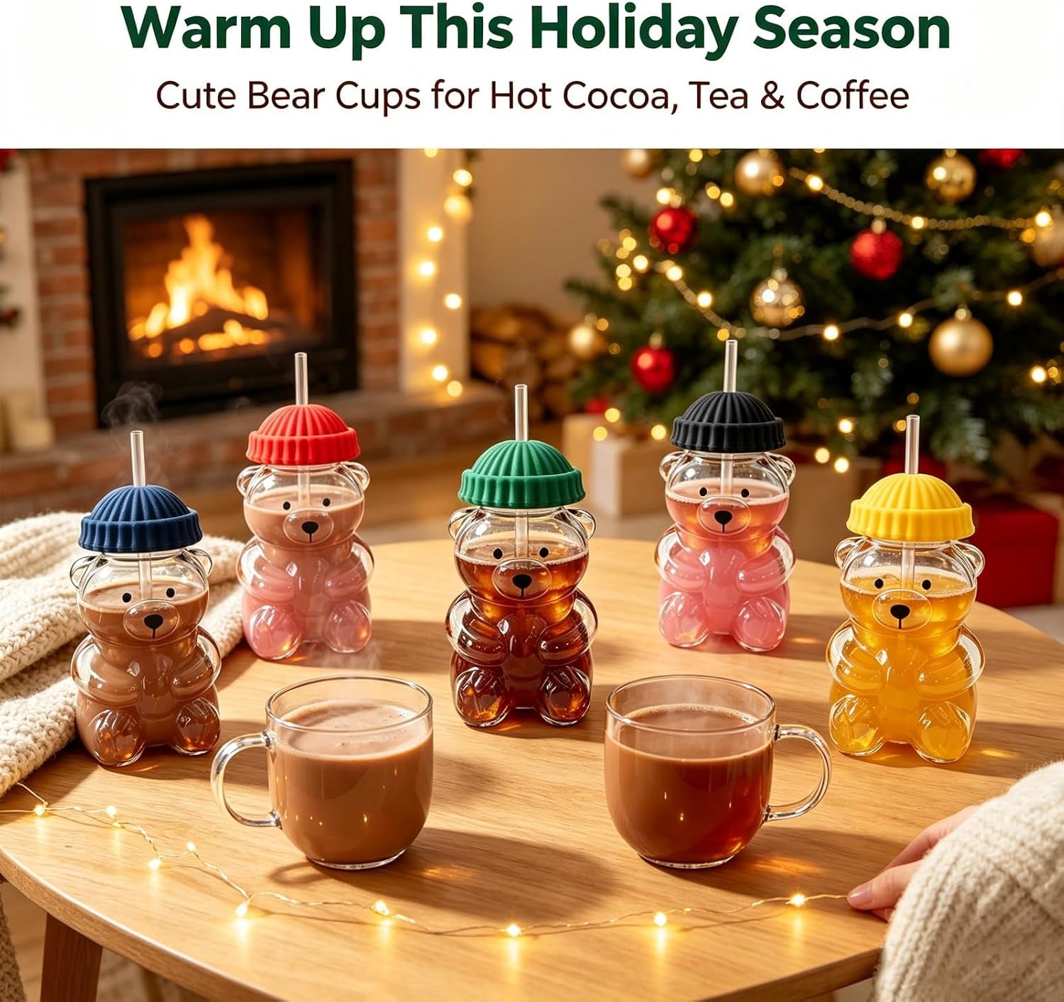 Cute Bear Glass Cup with Straw & Lid, 20Oz Glass Water Bottle for Cold/Hot Drinks, Cute Bear Pattern Mug, Christmas Day Birthday Gift (Green)