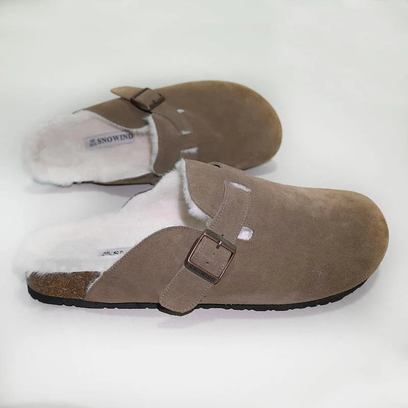 Snowind Women Men round Toe Cork Footbed Clogs with Adjustable Flat Buckle, Suede Texture, and Casual Outdoor Slip-On Design