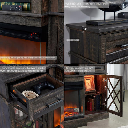 3-Sided Glass Farmhouse Fireplace TV Stand for Tvs up to 80'', Highboy Entertainment Center with Glass Door Storage Cabinet, 70'' Large TV Stands with 36'' Electric Fireplace, Dark Rustic Oak
