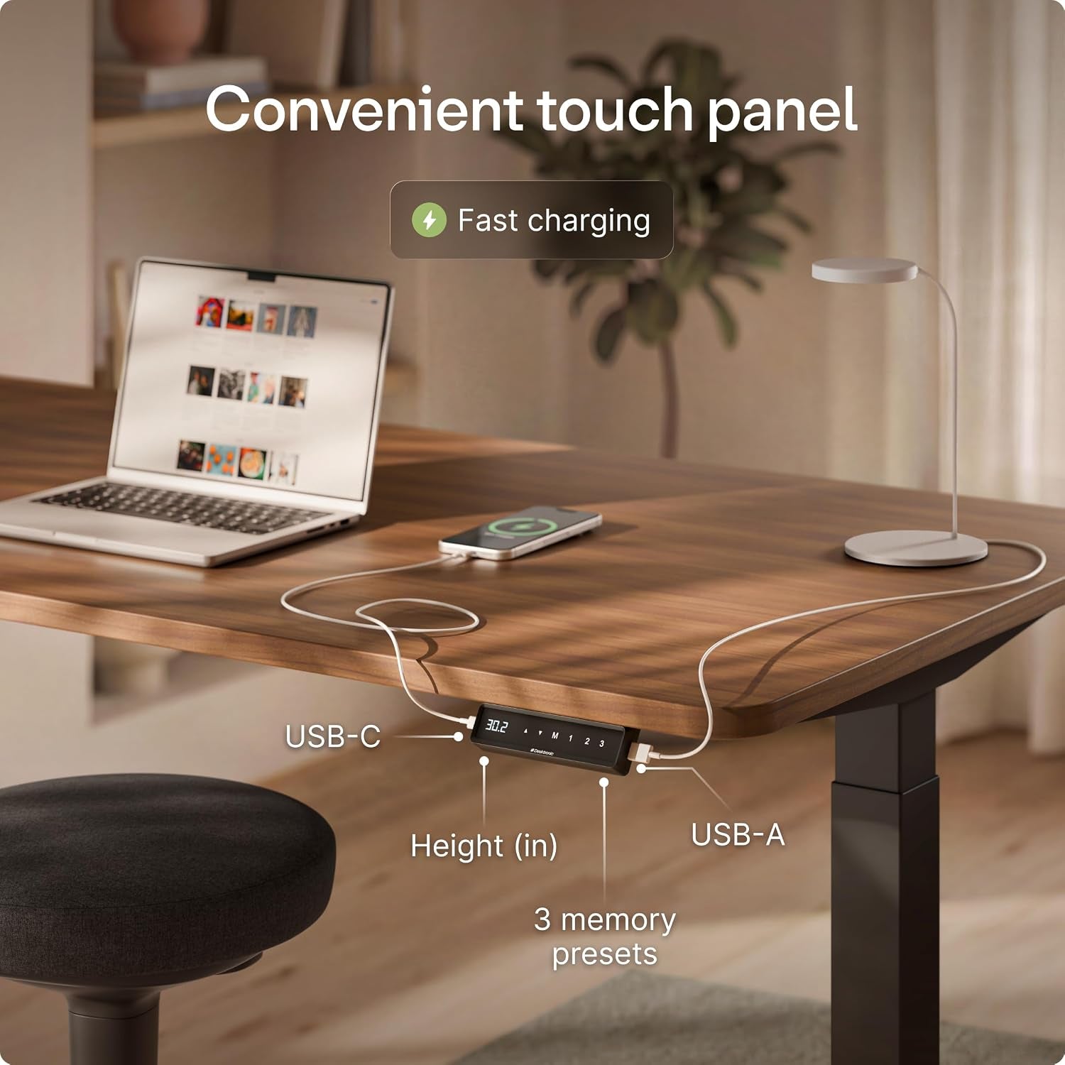 Homeone Standing Desk 60X30 — Ergonomic Sit Stand Home Office Desk, Made in Europe, Electric Dual Motor Height Adjustable, USB & USB-C Charging, Wobble-Free, Touchscreen, 3 Memory Presets