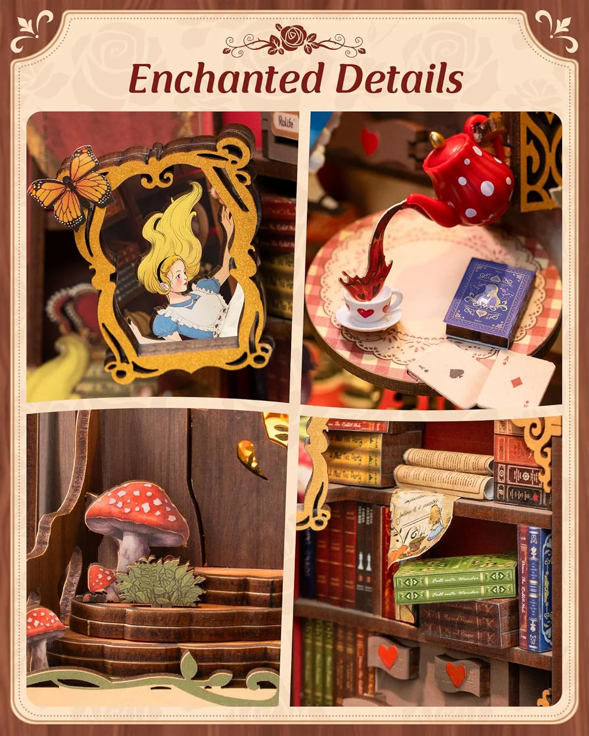 Book Nook Kit, Fairy Tale Princess DIY Miniature House Kit, Fall into Wonder 3D Wooden Puzzle Bookends, Tiny House Bookshelf Decor Creative Decorative Unique Gifts for Adults & Teens