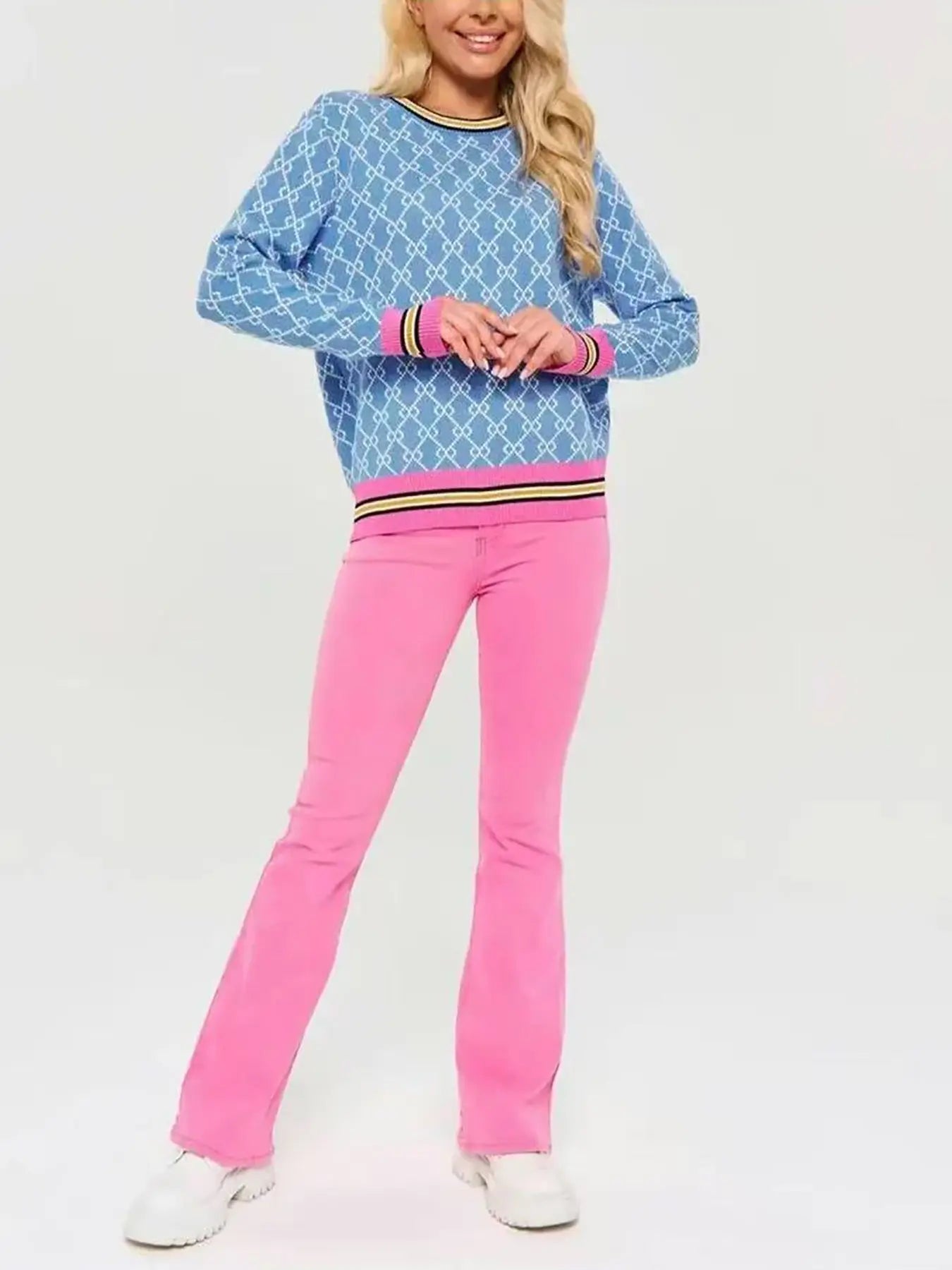 Autumn & Winter New round Neck Long Sleeve Sweater, Unique Design Loose Soft Comfortable Slimming Knit Top, Elegant Chic Colorblock Design, Casual Fashion Top