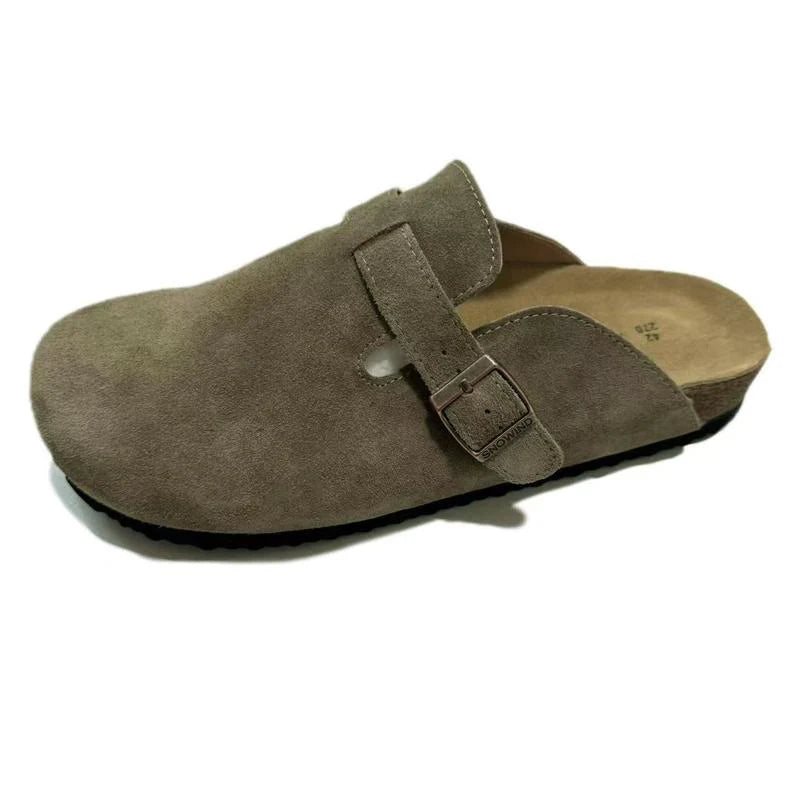 Snowind Women Men round Toe Cork Footbed Clogs with Adjustable Flat Buckle, Suede Texture, and Casual Outdoor Slip-On Design