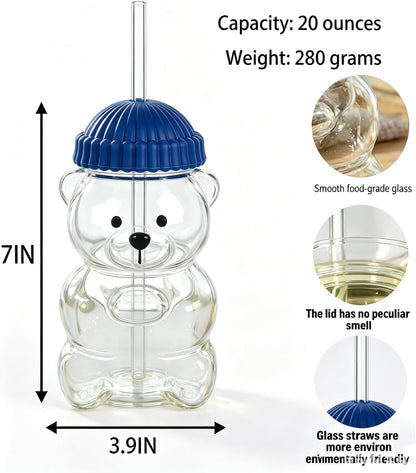 Cute Bear Glass Cup with Straw & Lid, 20Oz Glass Water Bottle for Cold/Hot Drinks, Cute Bear Pattern Mug, Christmas Day Birthday Gift (Green)