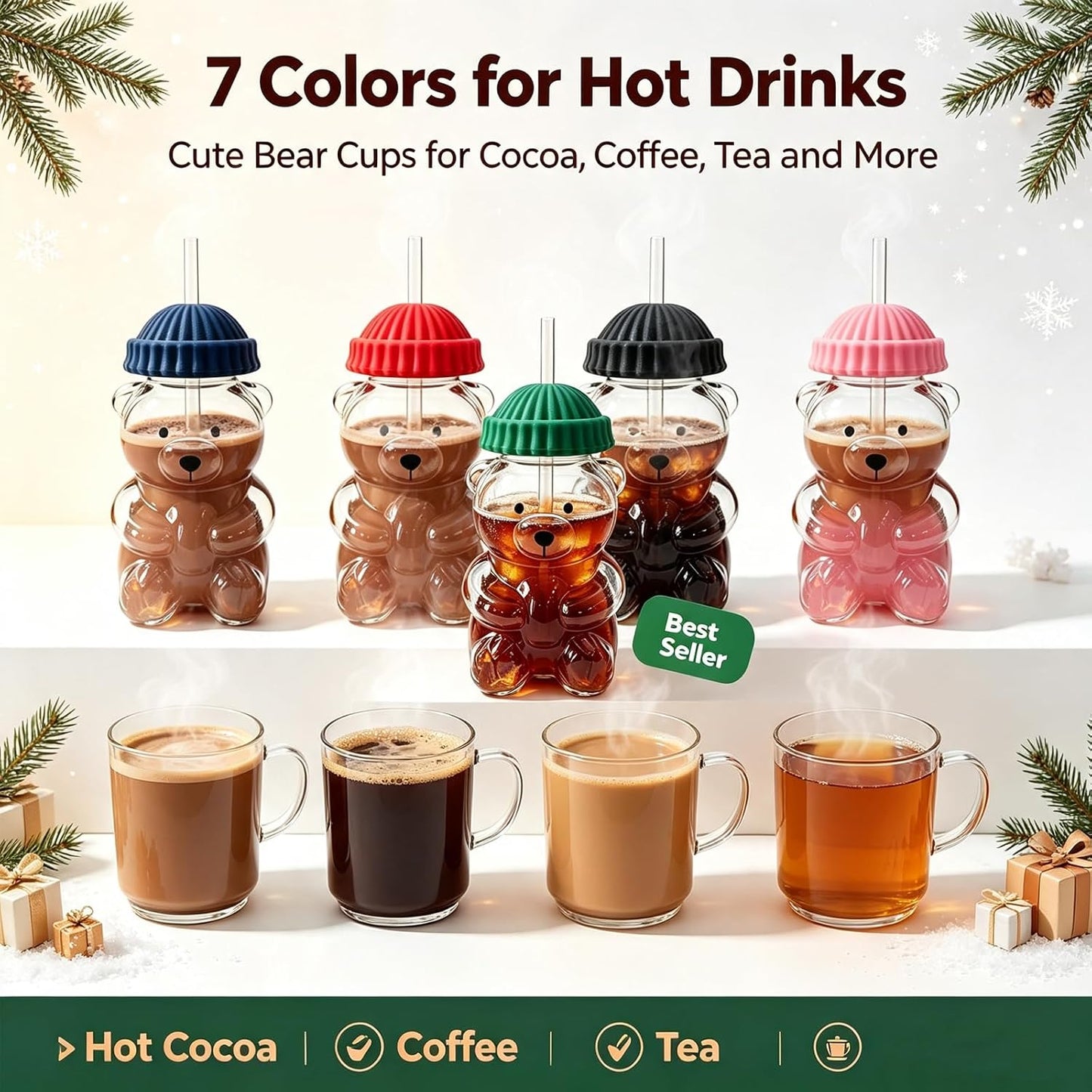 Cute Bear Glass Cup with Straw & Lid, 20Oz Glass Water Bottle for Cold/Hot Drinks, Cute Bear Pattern Mug, Christmas Day Birthday Gift (Green)