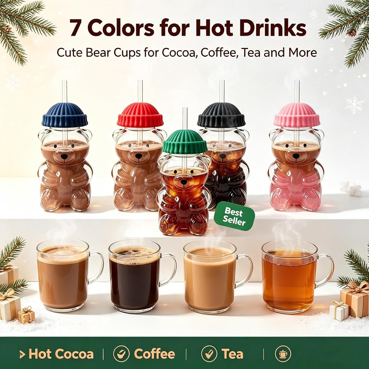 Cute Bear Glass Cup with Straw & Lid, 20Oz Glass Water Bottle for Cold/Hot Drinks, Cute Bear Pattern Mug, Christmas Day Birthday Gift (Green)