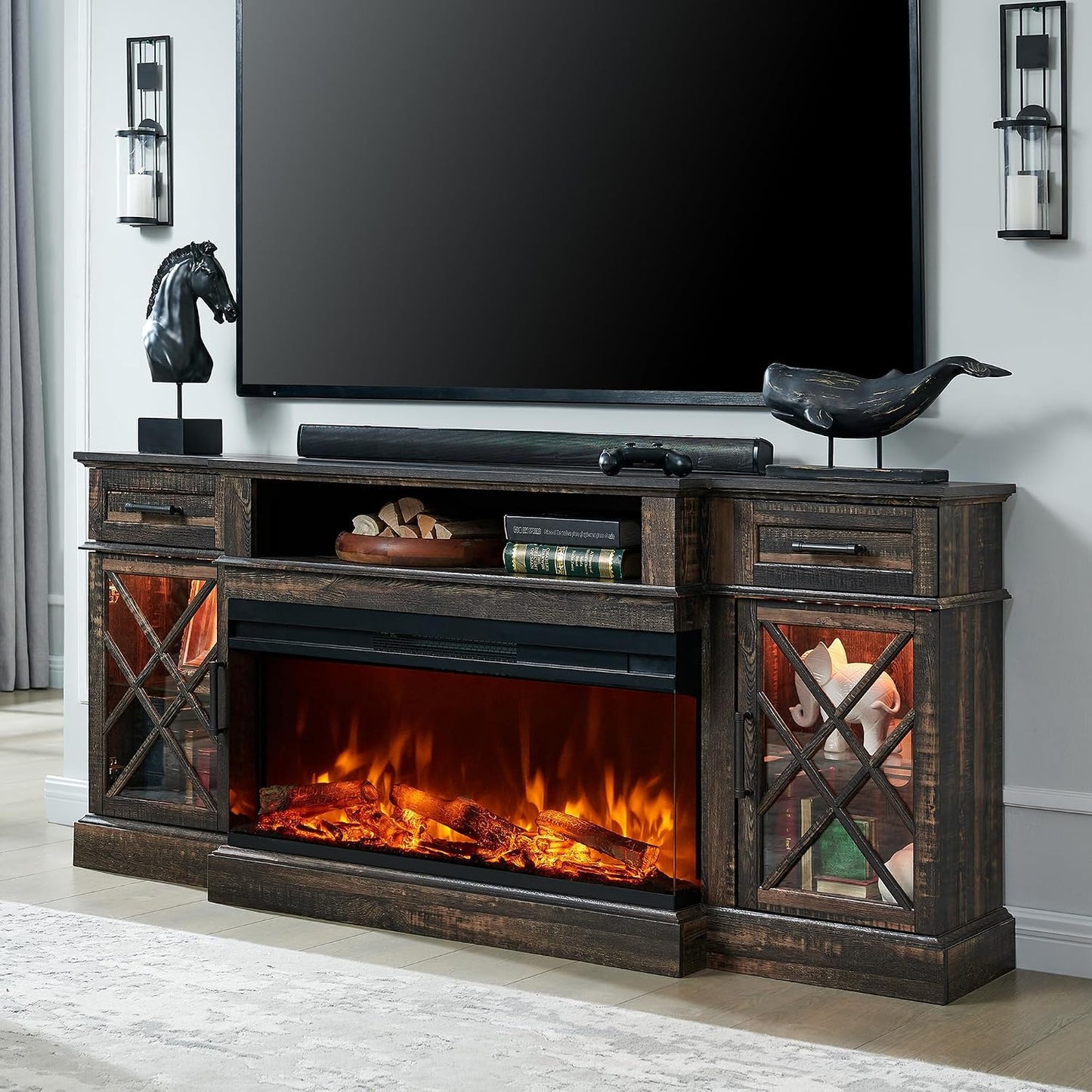 3-Sided Glass Farmhouse Fireplace TV Stand for Tvs up to 80'', Highboy Entertainment Center with Glass Door Storage Cabinet, 70'' Large TV Stands with 36'' Electric Fireplace, Dark Rustic Oak