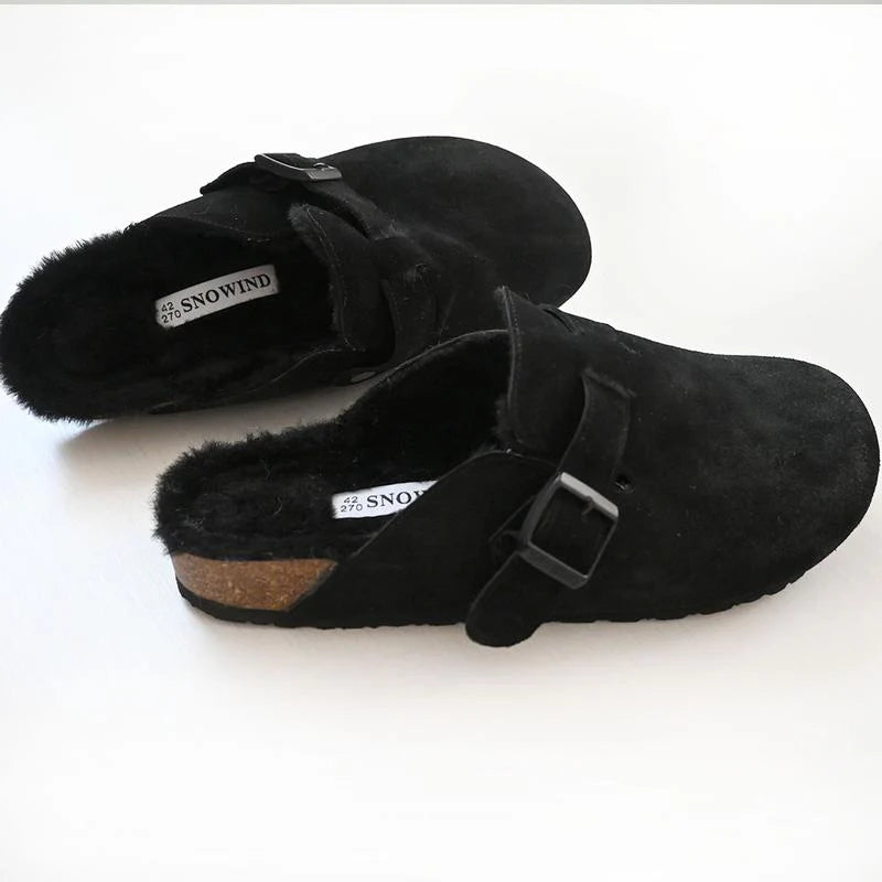 Snowind Women Men round Toe Cork Footbed Clogs with Adjustable Flat Buckle, Suede Texture, and Casual Outdoor Slip-On Design