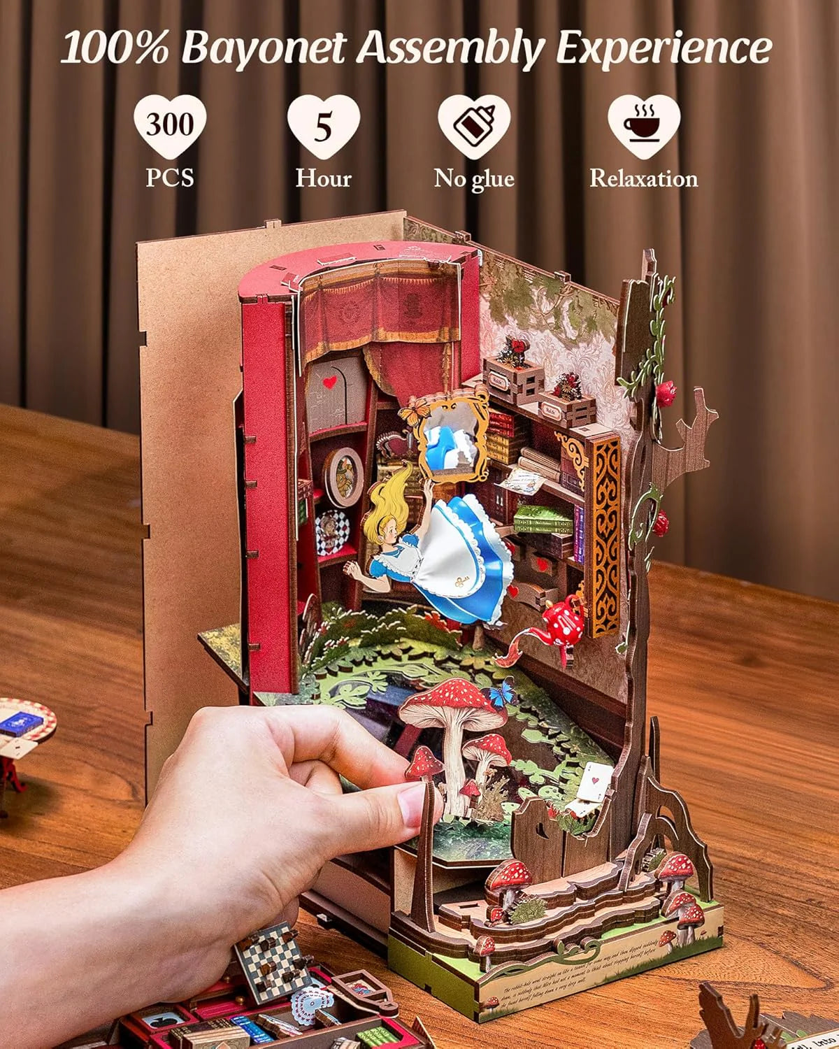 Book Nook Kit, Fairy Tale Princess DIY Miniature House Kit, Fall into Wonder 3D Wooden Puzzle Bookends, Tiny House Bookshelf Decor Creative Decorative Unique Gifts for Adults & Teens