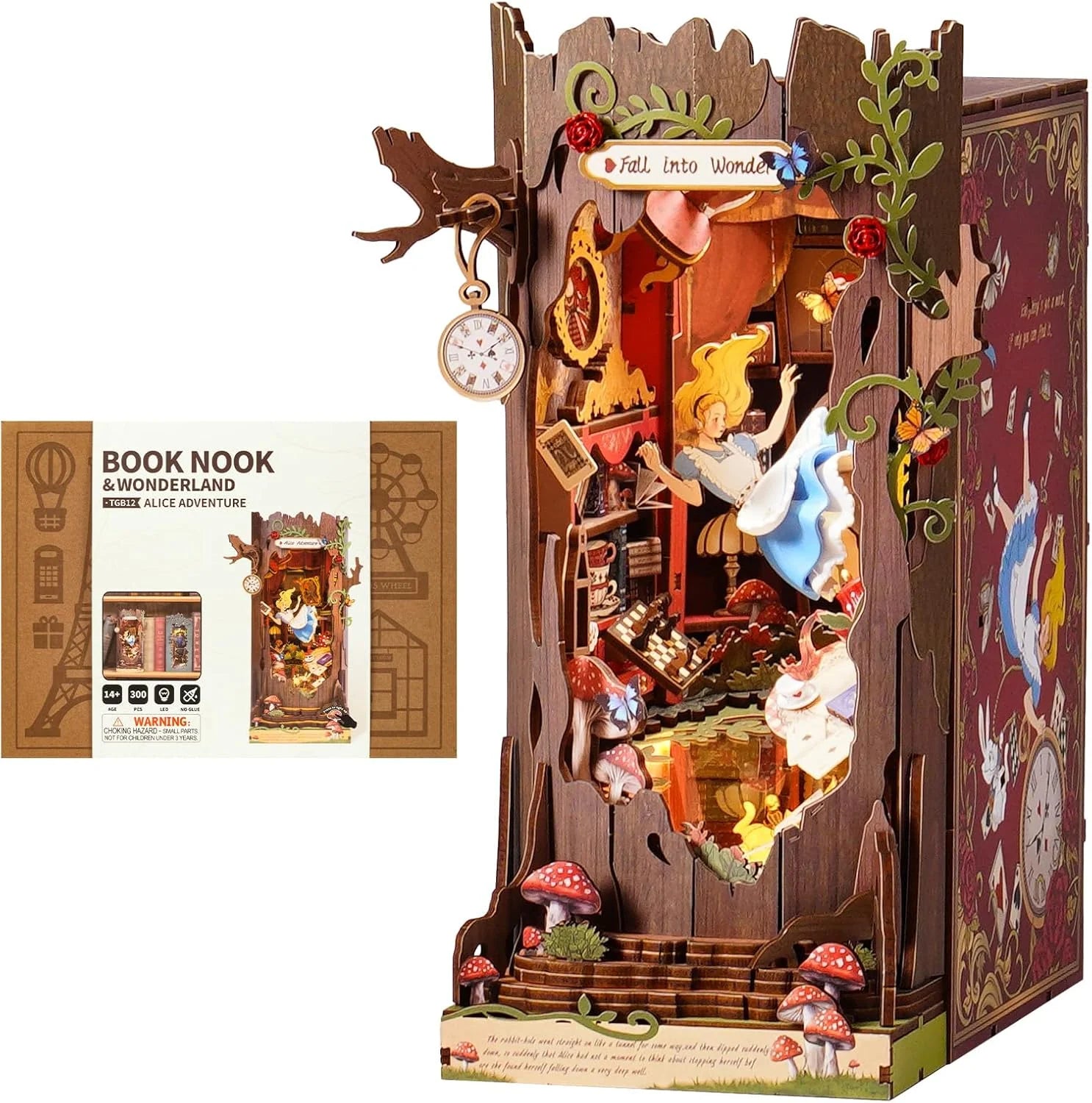 Book Nook Kit, Fairy Tale Princess DIY Miniature House Kit, Fall into Wonder 3D Wooden Puzzle Bookends, Tiny House Bookshelf Decor Creative Decorative Unique Gifts for Adults & Teens