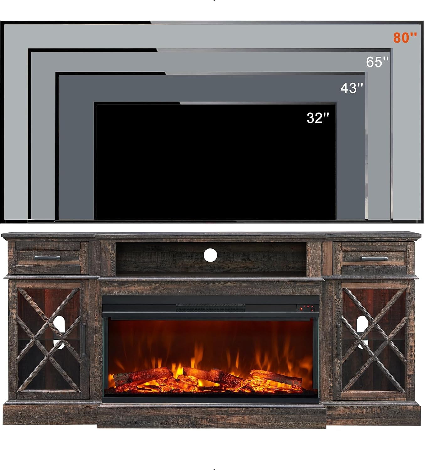 3-Sided Glass Farmhouse Fireplace TV Stand for Tvs up to 80'', Highboy Entertainment Center with Glass Door Storage Cabinet, 70'' Large TV Stands with 36'' Electric Fireplace, Dark Rustic Oak