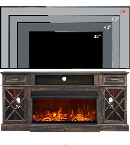 3-Sided Glass Farmhouse Fireplace TV Stand for Tvs up to 80'', Highboy Entertainment Center with Glass Door Storage Cabinet, 70'' Large TV Stands with 36'' Electric Fireplace, Dark Rustic Oak