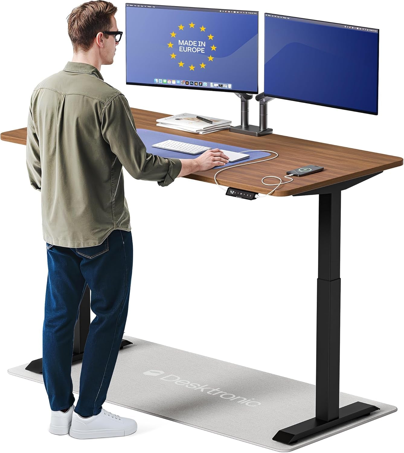 Homeone Standing Desk 60X30 — Ergonomic Sit Stand Home Office Desk, Made in Europe, Electric Dual Motor Height Adjustable, USB & USB-C Charging, Wobble-Free, Touchscreen, 3 Memory Presets