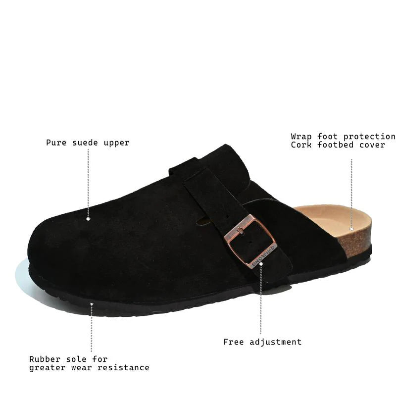Snowind Women Men round Toe Cork Footbed Clogs with Adjustable Flat Buckle, Suede Texture, and Casual Outdoor Slip-On Design