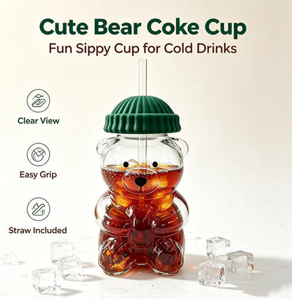 Cute Bear Glass Cup with Straw & Lid, 20Oz Glass Water Bottle for Cold/Hot Drinks, Cute Bear Pattern Mug, Christmas Day Birthday Gift (Green)