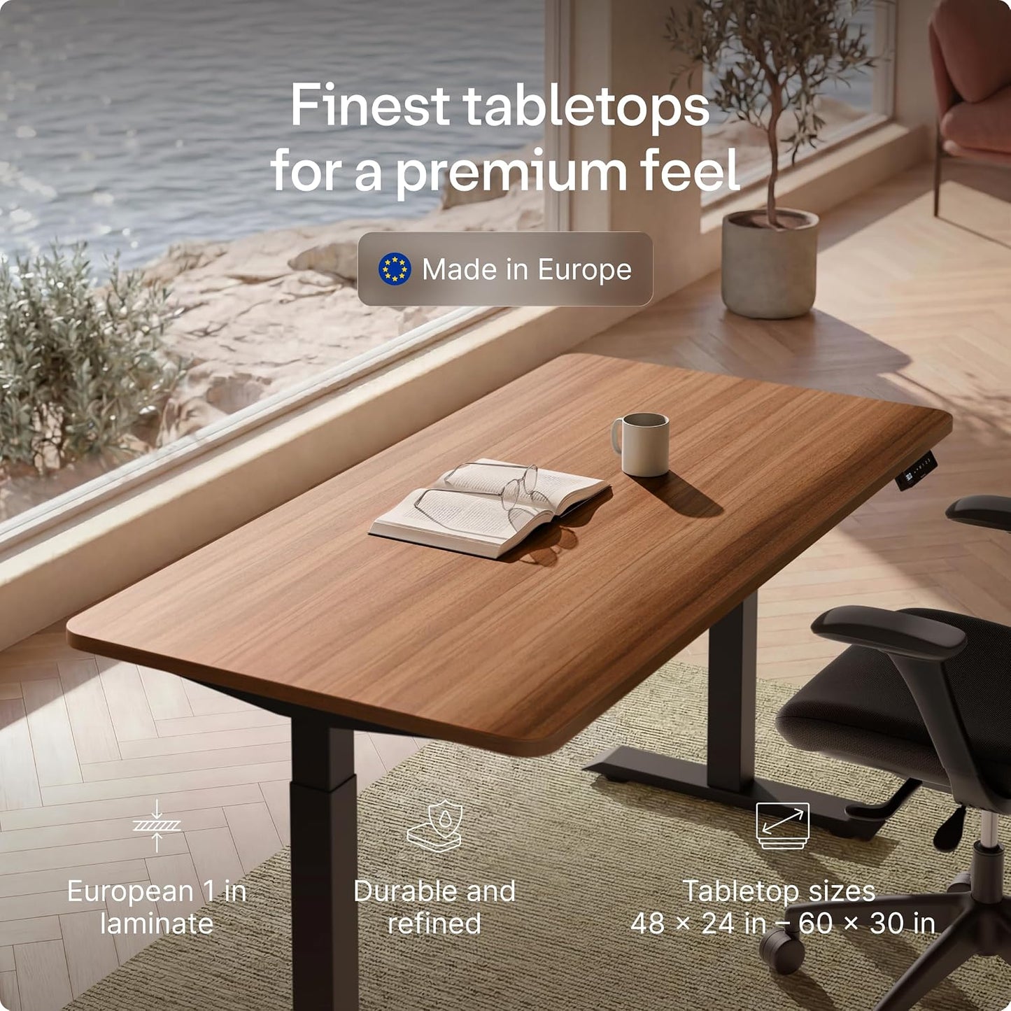 Homeone Standing Desk 60X30 — Ergonomic Sit Stand Home Office Desk, Made in Europe, Electric Dual Motor Height Adjustable, USB & USB-C Charging, Wobble-Free, Touchscreen, 3 Memory Presets