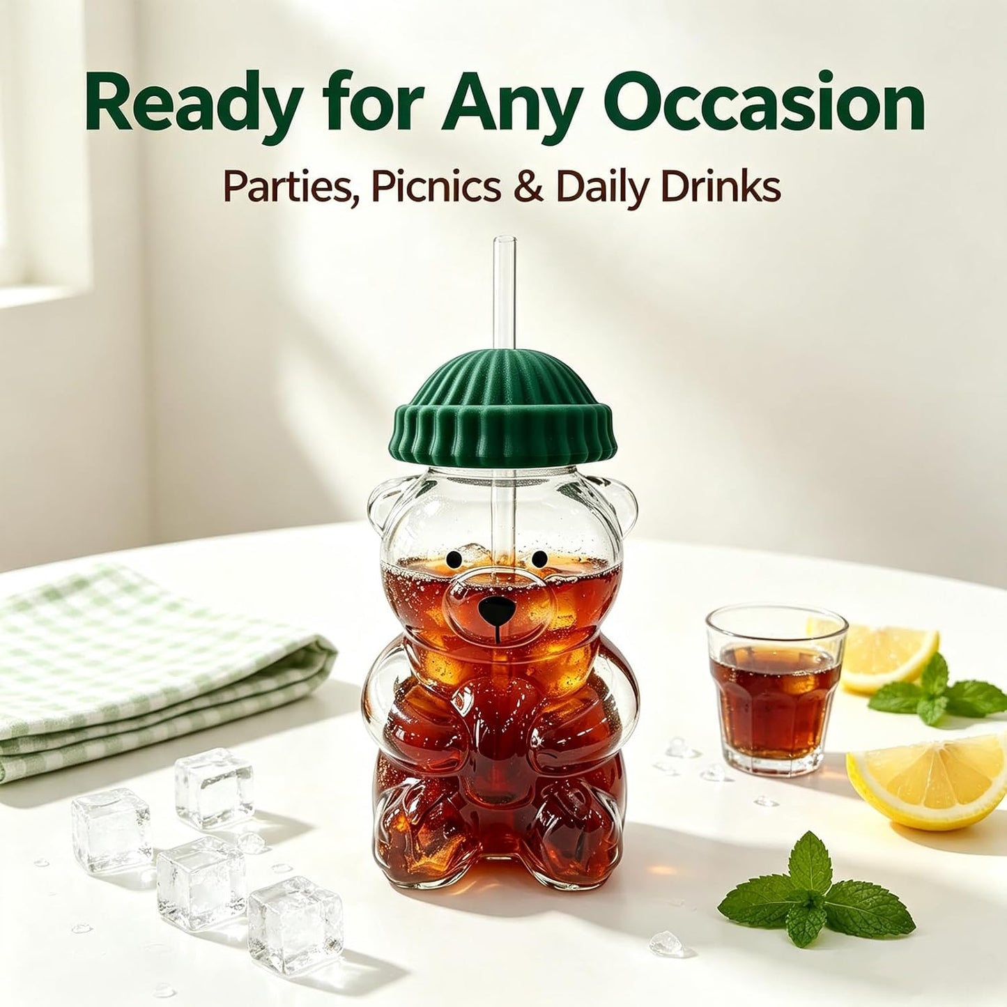 Cute Bear Glass Cup with Straw & Lid, 20Oz Glass Water Bottle for Cold/Hot Drinks, Cute Bear Pattern Mug, Christmas Day Birthday Gift (Green)